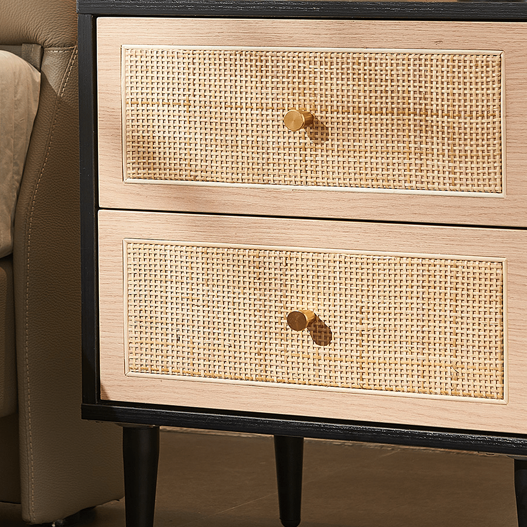 Tsaatan Wood Bedside Table, Rattan, Black - Miola