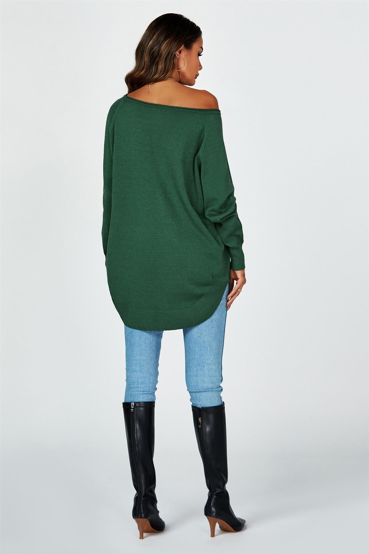 Oversize Knitted Jumper Top In Dark Green