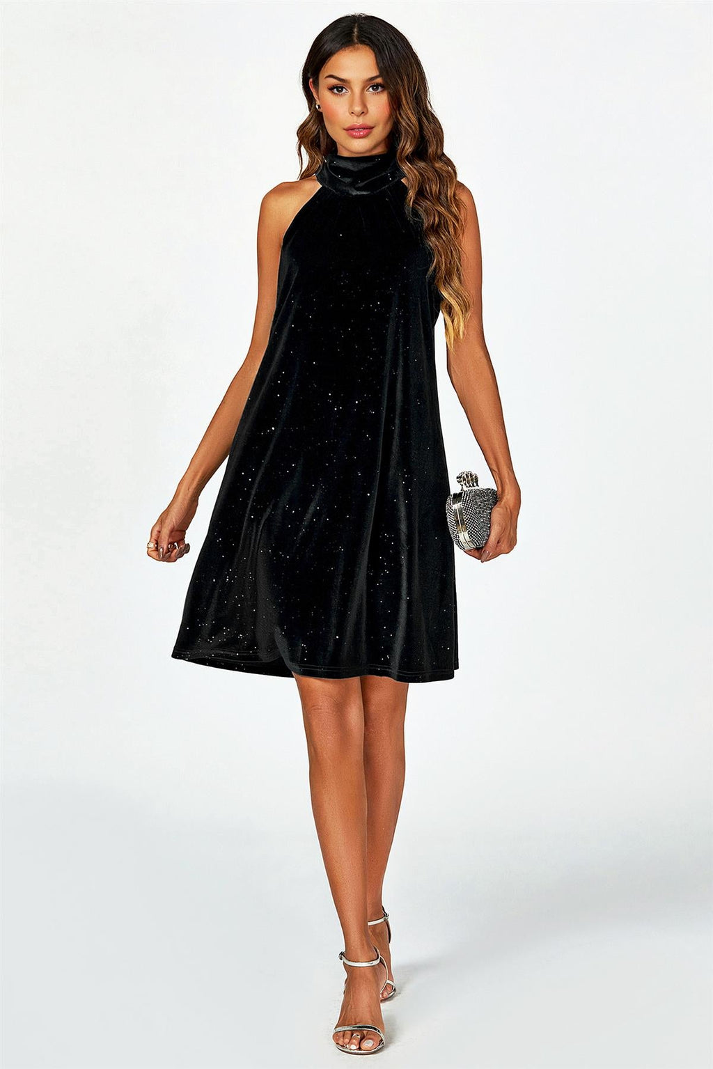 Silver Foil Velvet Halter Neck Tie Back Mini Dress In Black