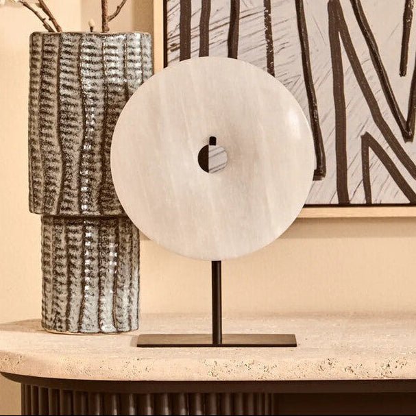 Zoro Large Round Dia 30cm Grey Marble Disc Sculpture - Miola