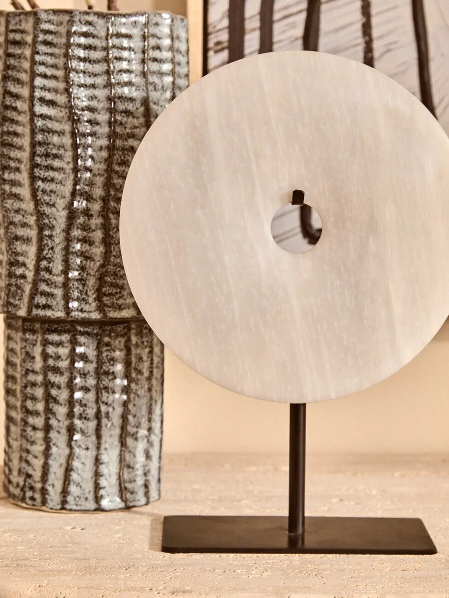 Zoro Large Round Dia 30cm Grey Marble Disc Sculpture - Miola