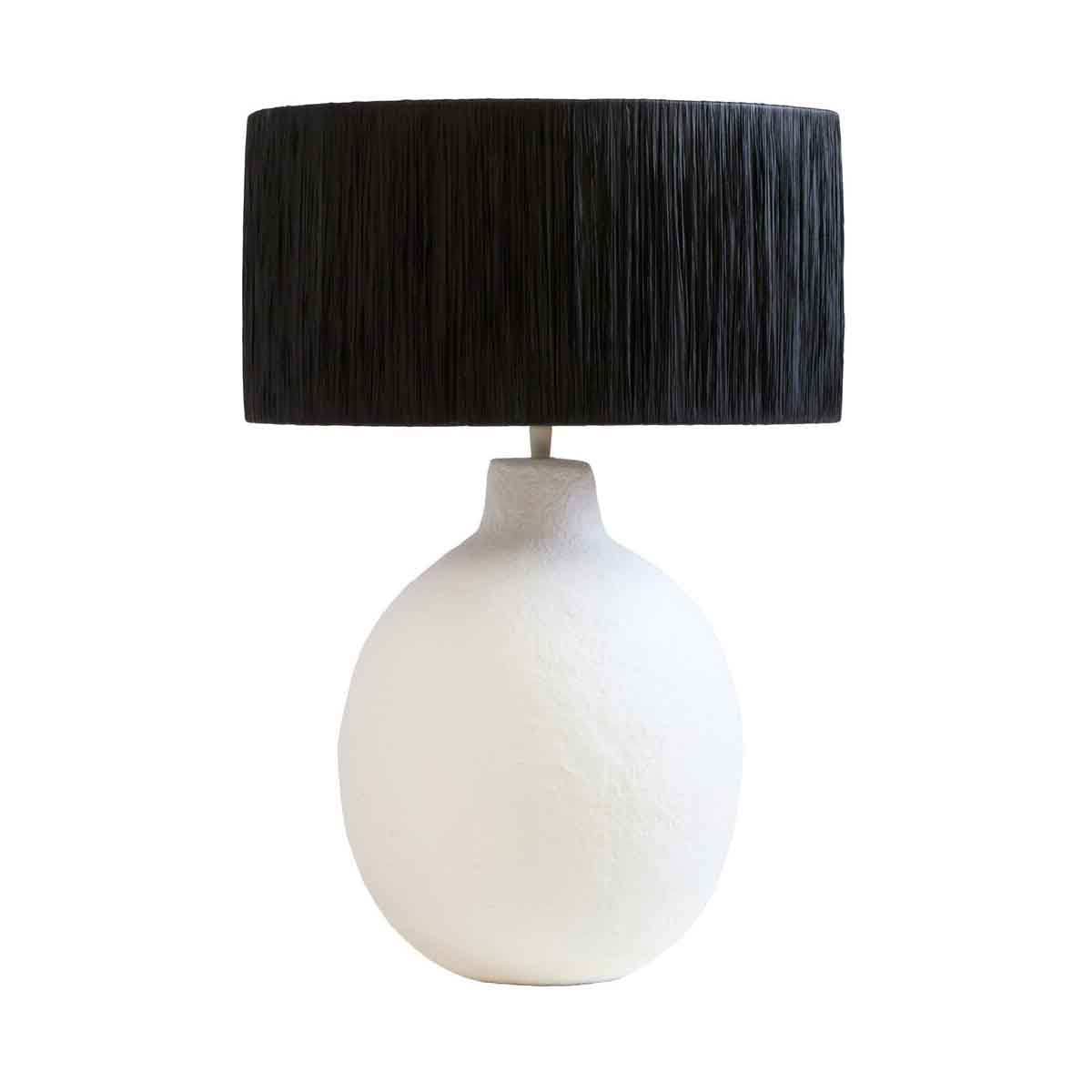 White Papier Mache Table Lamp With Black Raffia Shade