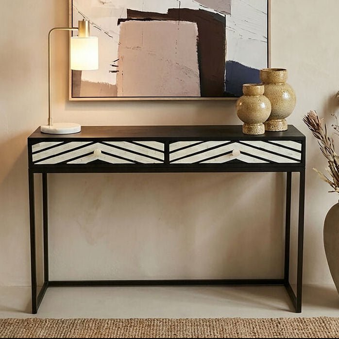 Black Wood 2 - Drawer Console Table with Black and White Bone Inlay Chevron Fronts, Fusion - Miola