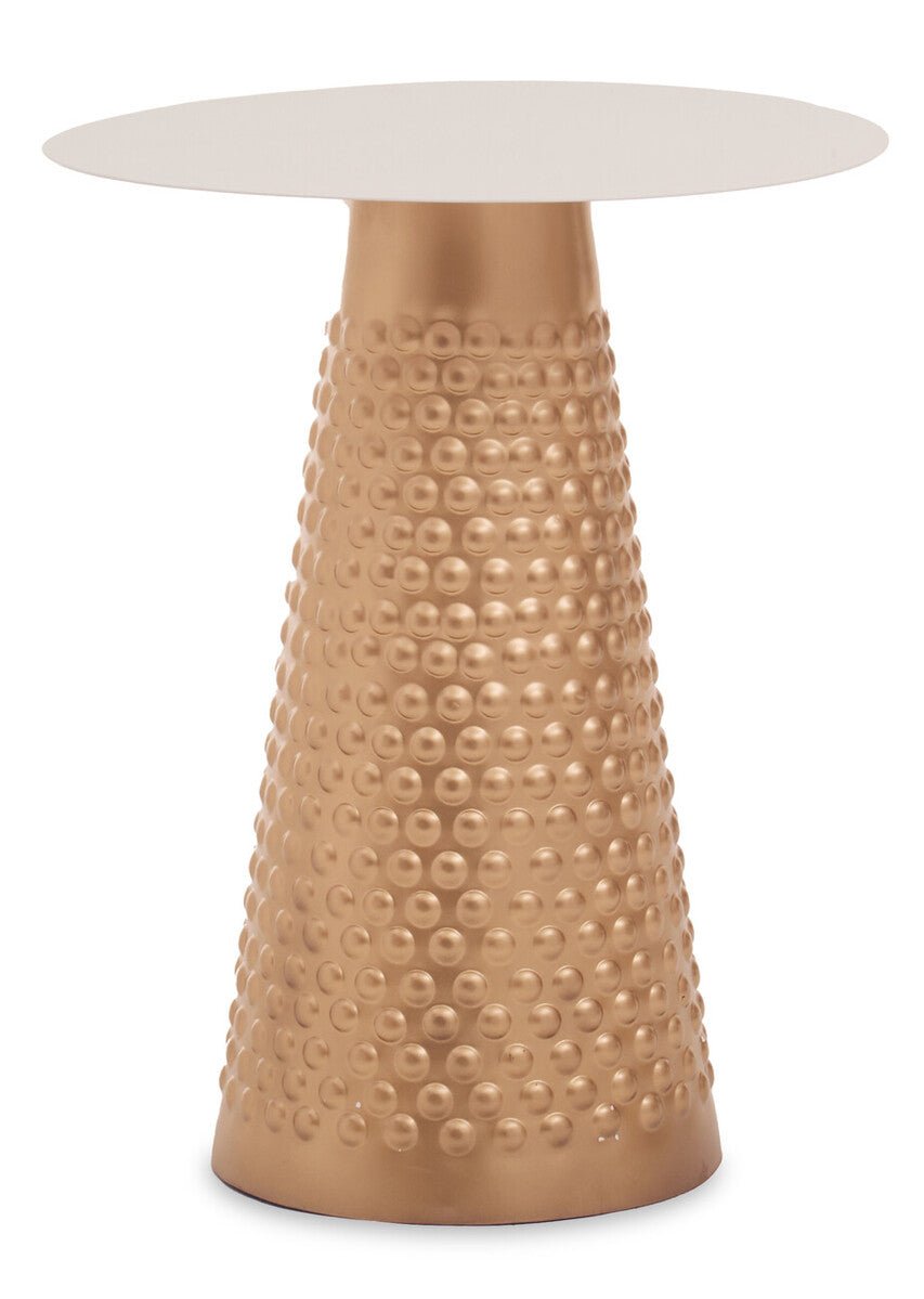 White Tabletop Side Table with Chunky Hammered Gold Base, Amira - Miola