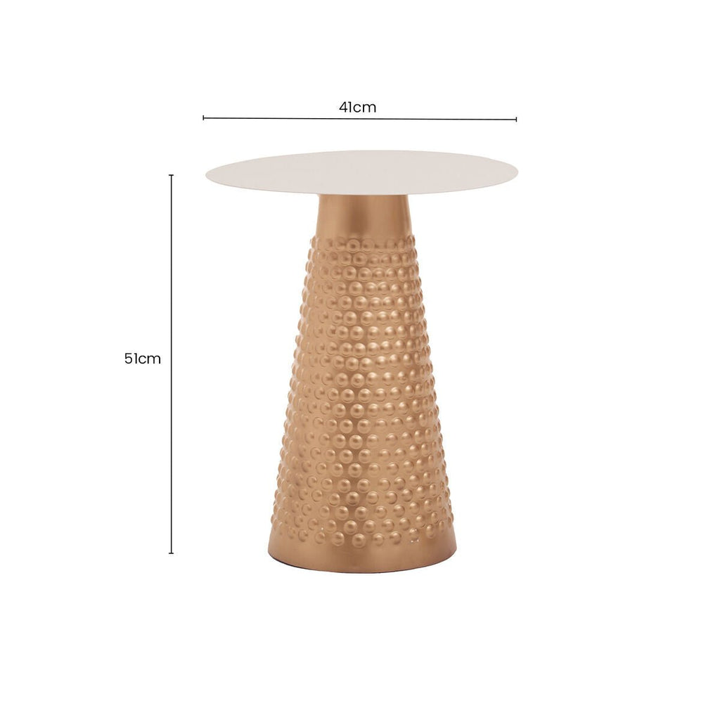 White Tabletop Side Table with Chunky Hammered Gold Base, Amira - Miola
