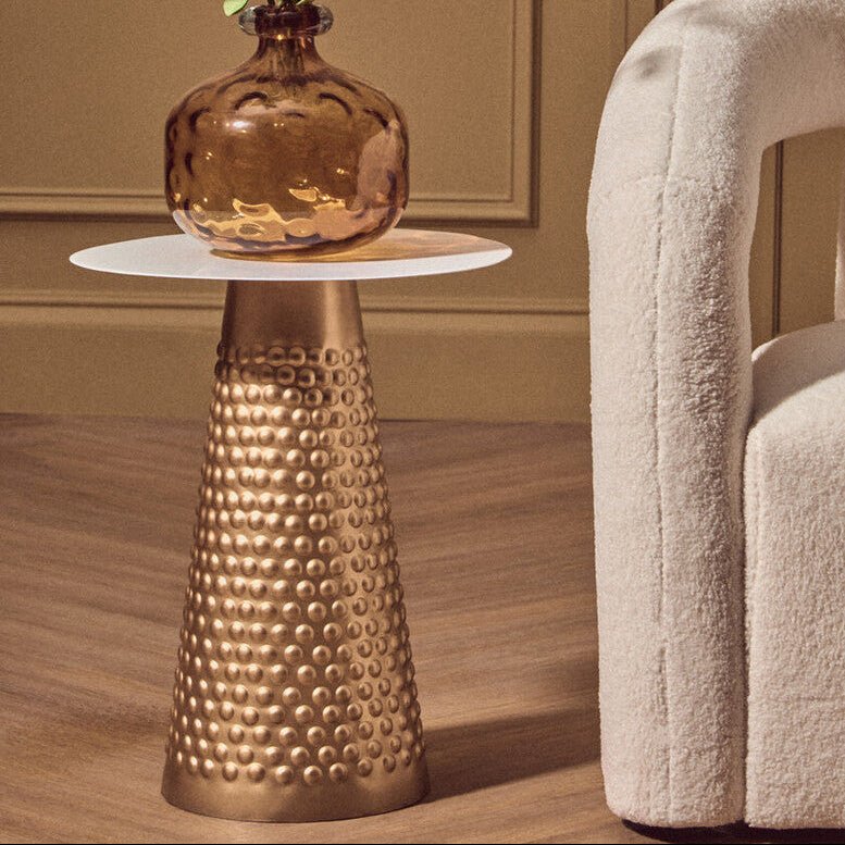 White Tabletop Side Table with Chunky Hammered Gold Base, Amira - Miola