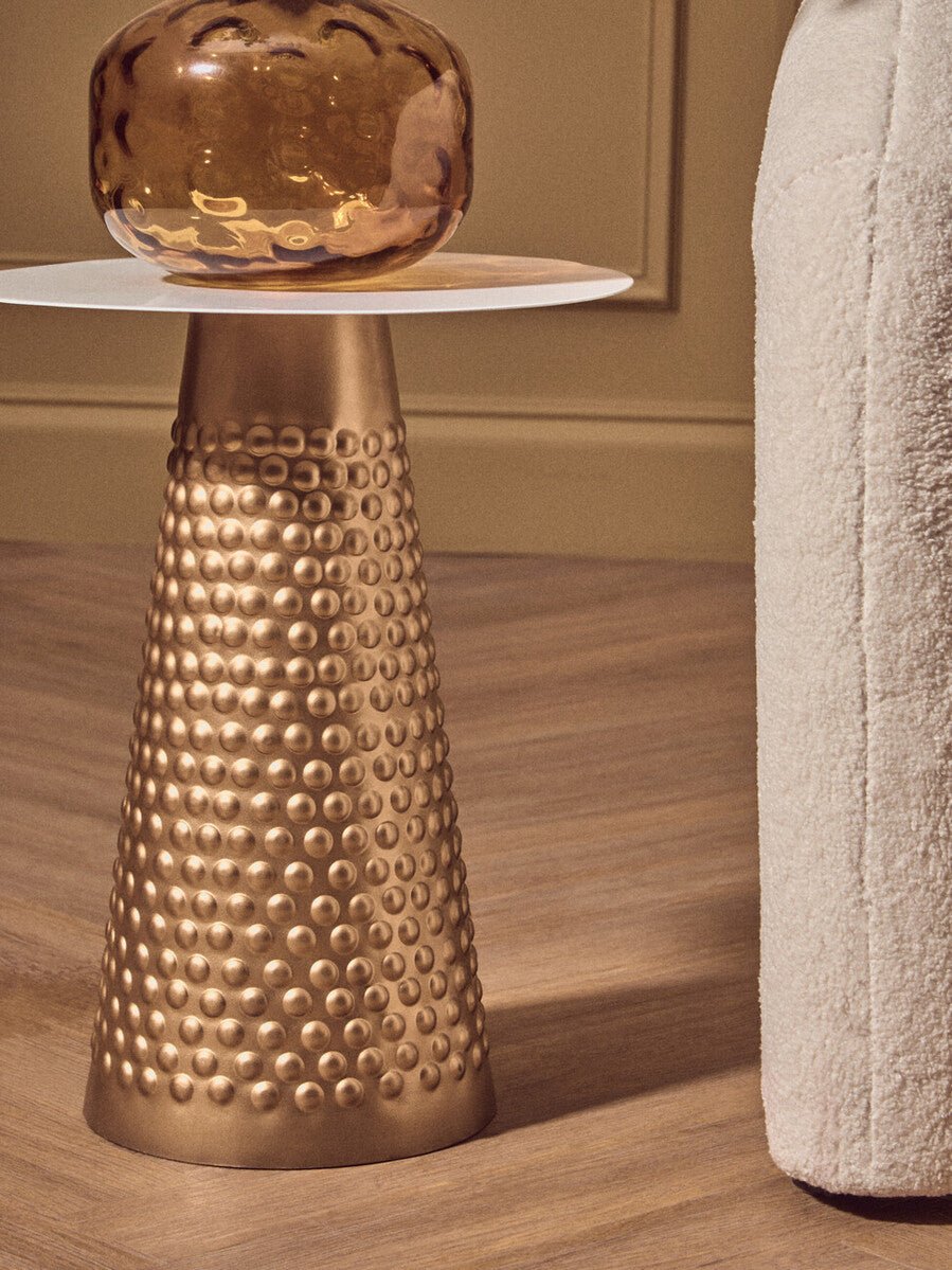 White Tabletop Side Table with Chunky Hammered Gold Base, Amira - Miola