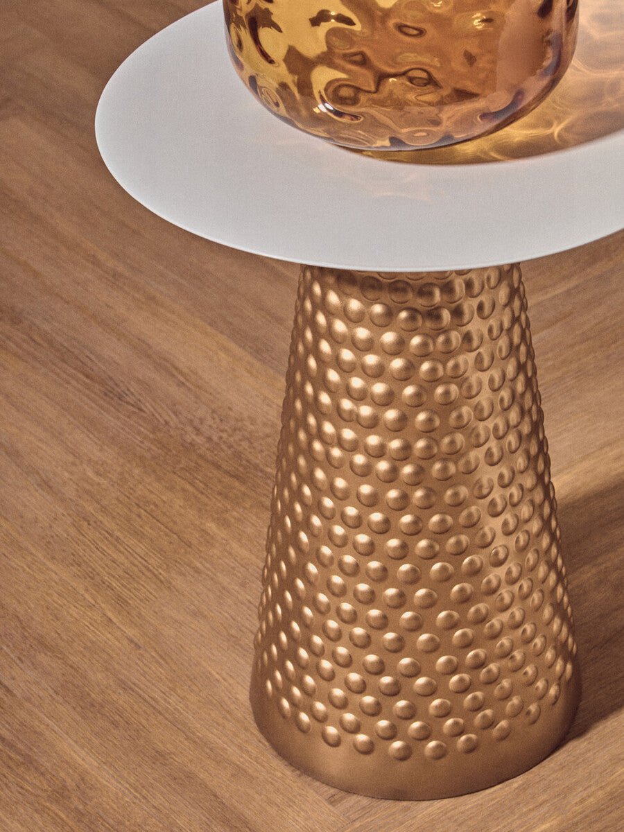 White Tabletop Side Table with Chunky Hammered Gold Base, Amira - Miola