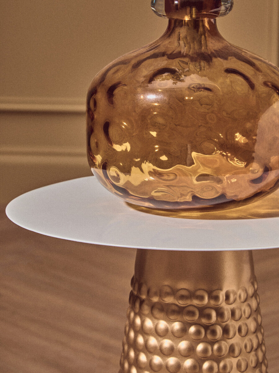 White Tabletop Side Table with Chunky Hammered Gold Base, Amira - Miola