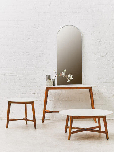 White Marble Top Console Table with Sustainable Acacia Wood Base, Myan - Miola