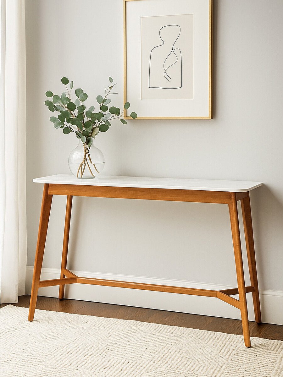 White Marble Top Console Table with Sustainable Acacia Wood Base, Myan - Miola