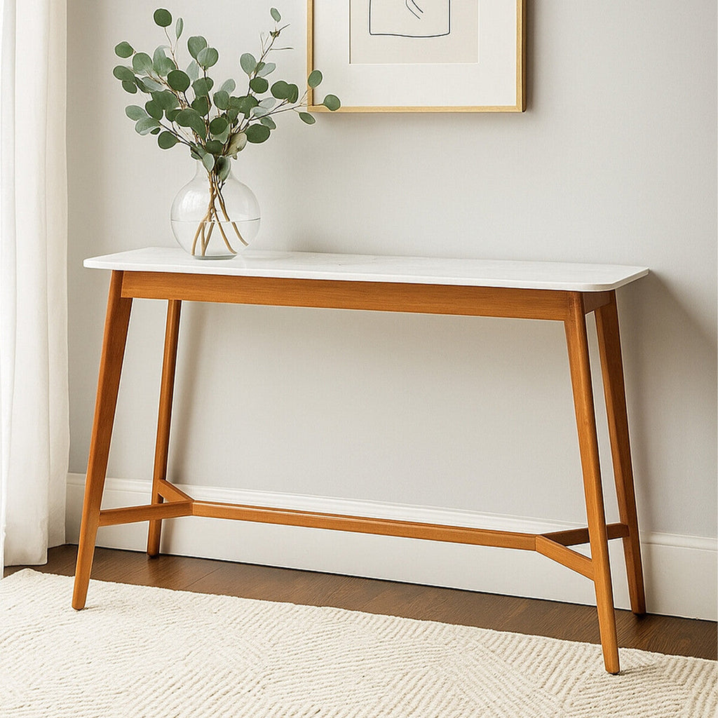 White Marble Top Console Table with Sustainable Acacia Wood Base, Myan - Miola