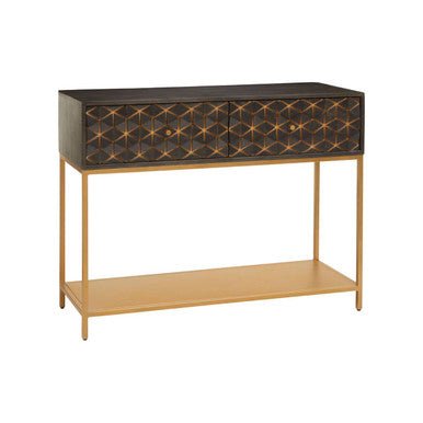 Grey Mango Wood 2 - Drawer Console Table with Gold Finish Iron Frame and Lower Shelf, Patna - Miola