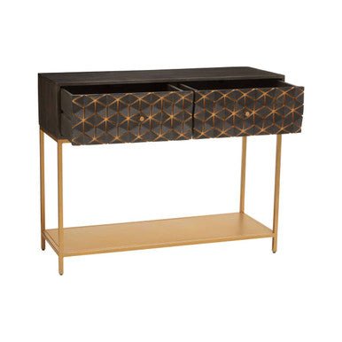 Grey Mango Wood 2 - Drawer Console Table with Gold Finish Iron Frame and Lower Shelf, Patna - Miola