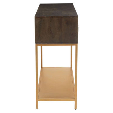 Grey Mango Wood 2-Drawer Console Table with Gold Finish Iron Frame and Lower Shelf, Patna - Miola