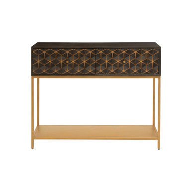 Grey Mango Wood 2 - Drawer Console Table with Gold Finish Iron Frame and Lower Shelf, Patna - Miola