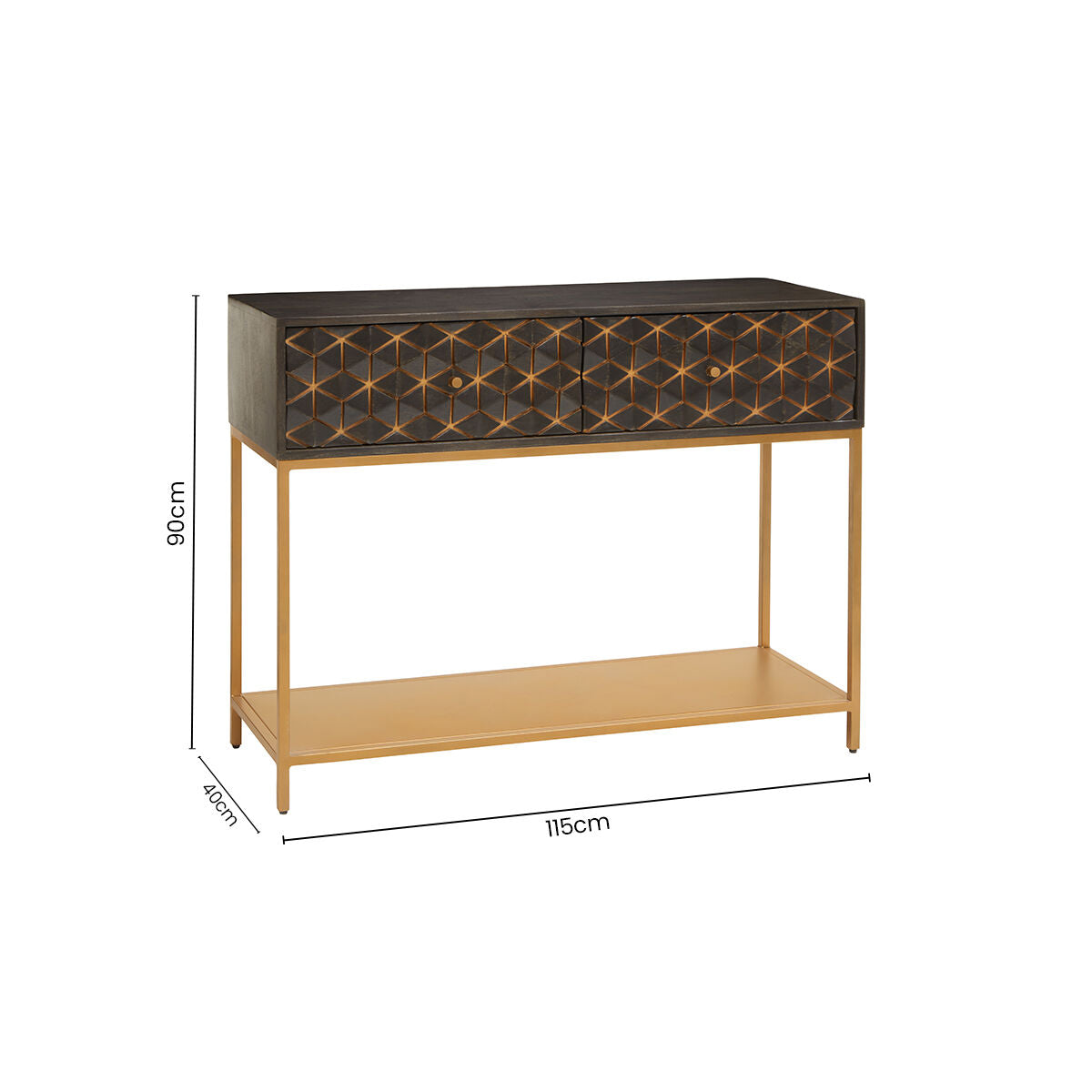 Grey Mango Wood 2-Drawer Console Table with Gold Finish Iron Frame and Lower Shelf, Patna - Miola