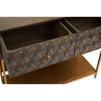 Grey Mango Wood 2 - Drawer Console Table with Gold Finish Iron Frame and Lower Shelf, Patna - Miola