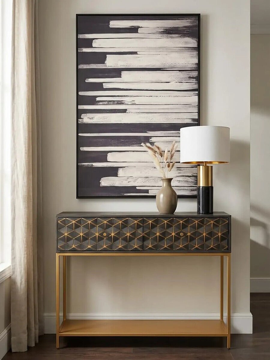 Grey Mango Wood 2 - Drawer Console Table with Gold Finish Iron Frame and Lower Shelf, Patna - Miola