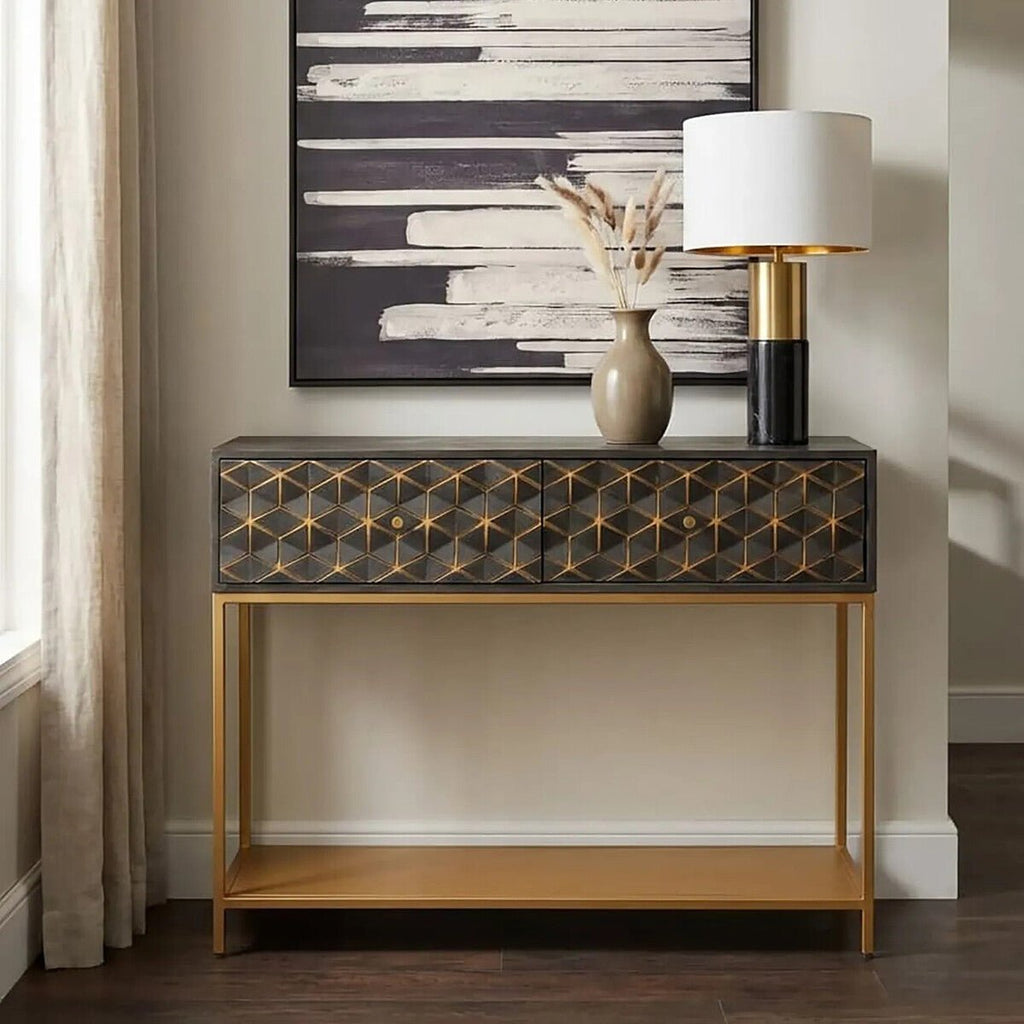 Grey Mango Wood 2 - Drawer Console Table with Gold Finish Iron Frame and Lower Shelf, Patna - Miola
