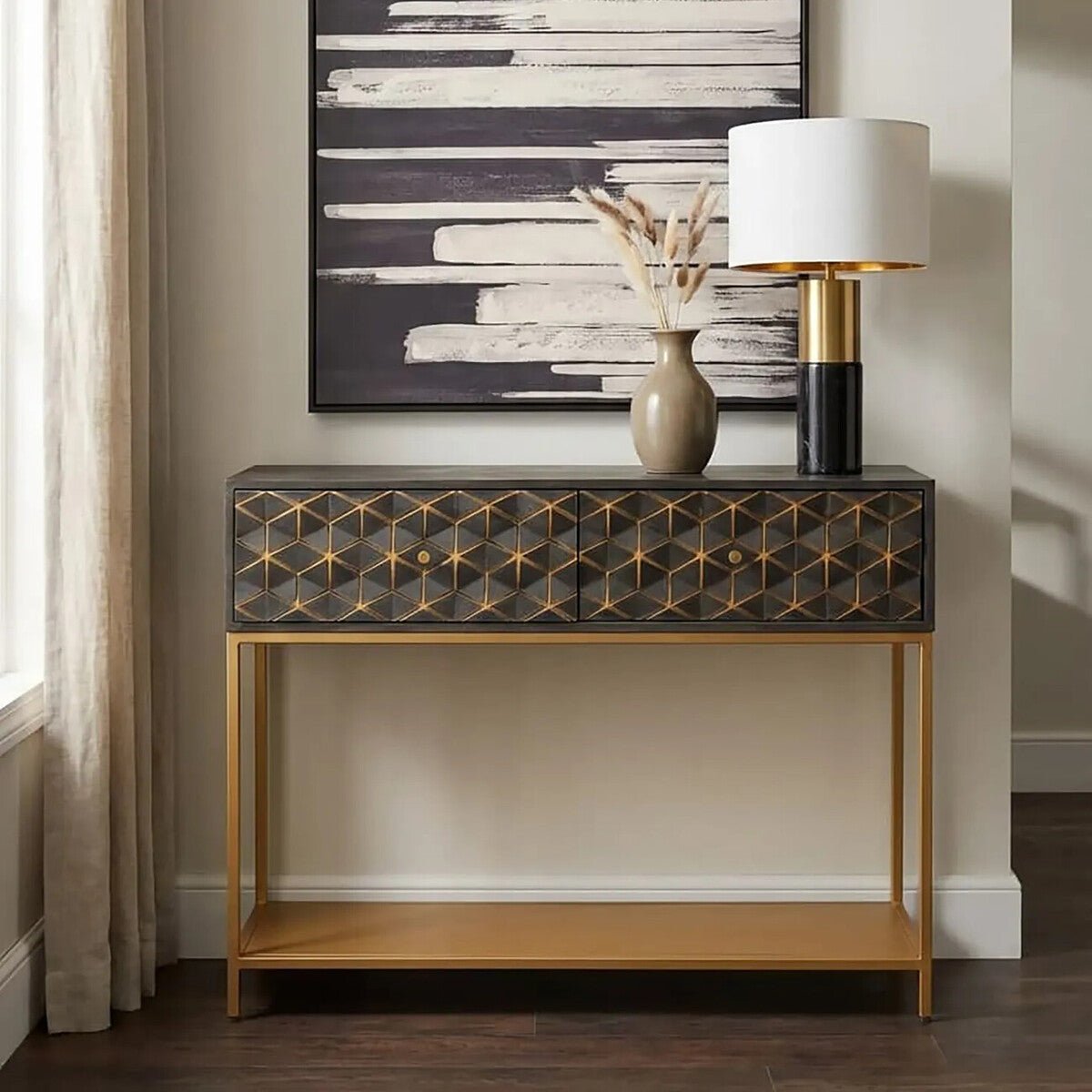 Grey Mango Wood 2 - Drawer Console Table with Gold Finish Iron Frame and Lower Shelf, Patna - Miola
