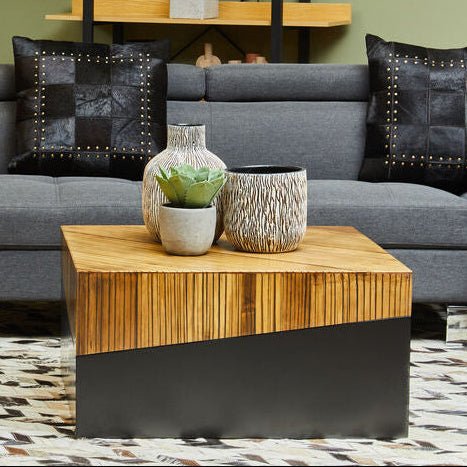 Two Tone Natural Bamboo Square Coffee Table with Dark Ebony Finish Base, Gabor - Miola