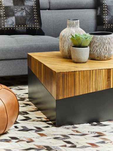 Two Tone Natural Bamboo Square Coffee Table with Dark Ebony Finish Base, Gabor - Miola