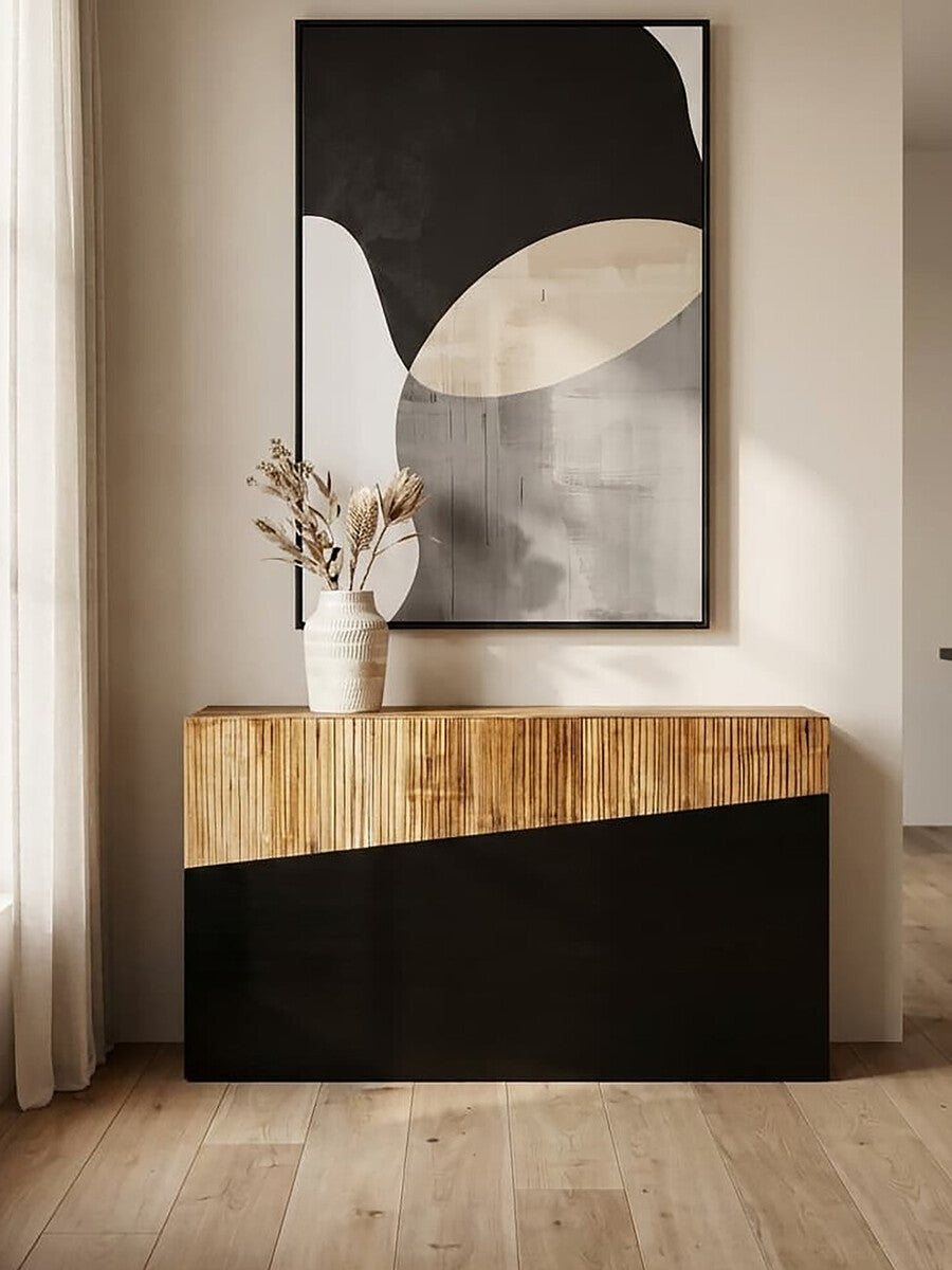 Two Tone Natural Bamboo Console Table with Dark Ebony Finish Base, Gabor - Miola