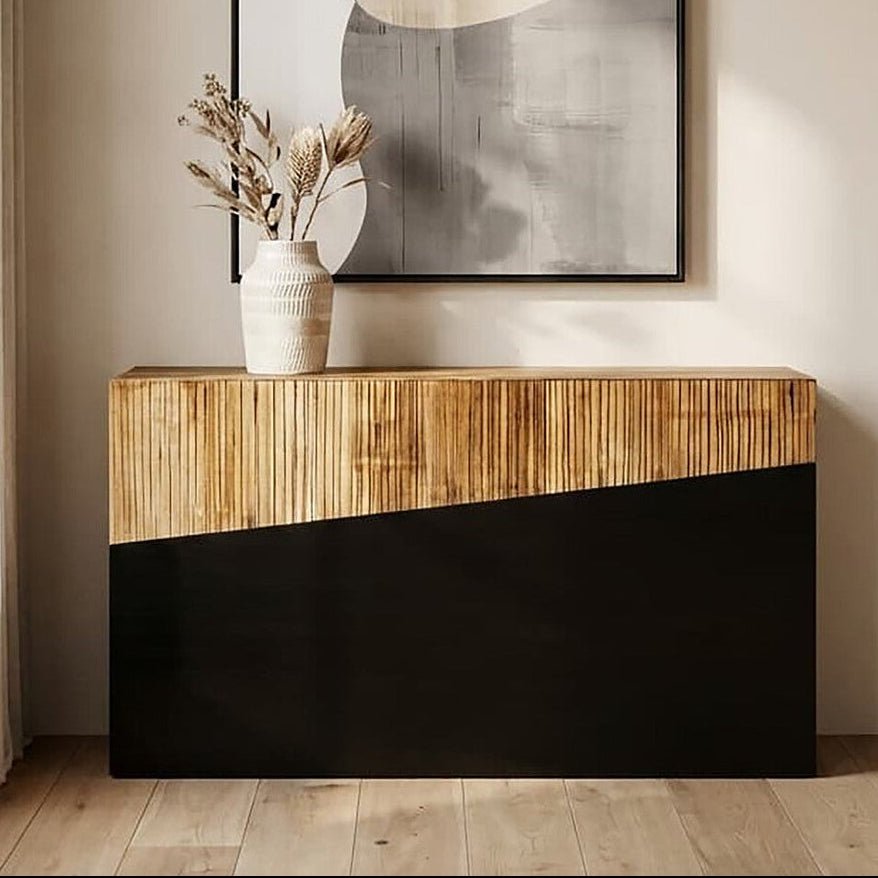 Two Tone Natural Bamboo Console Table with Dark Ebony Finish Base, Gabor - Miola