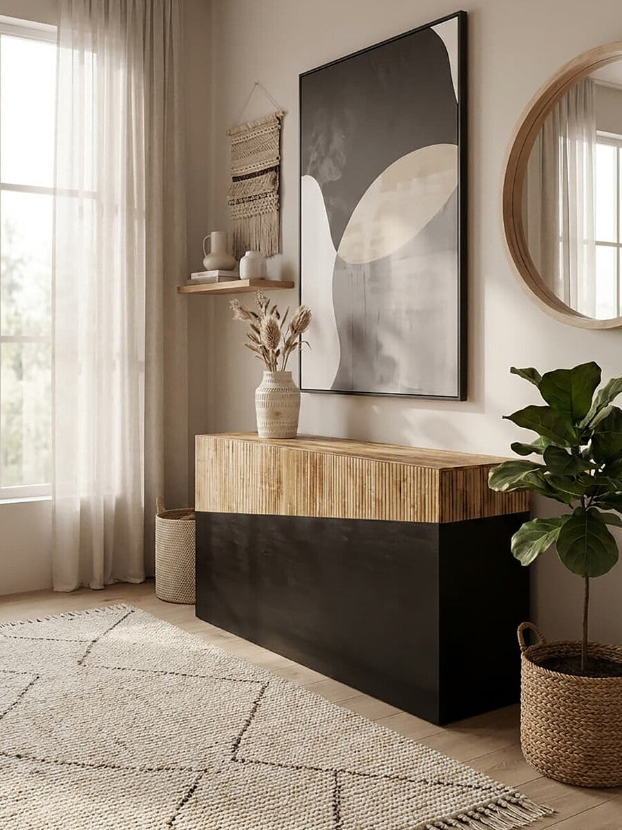Two Tone Natural Bamboo Console Table with Dark Ebony Finish Base, Gabor - Miola