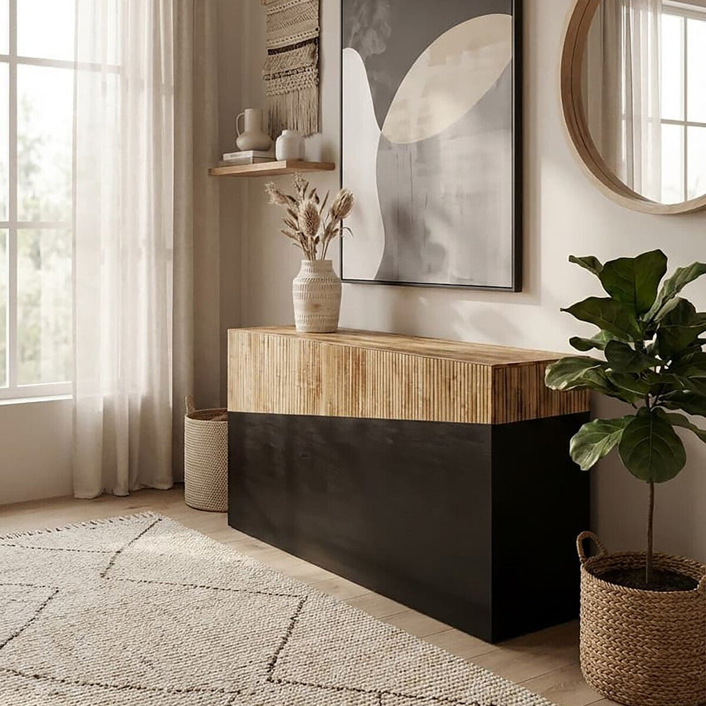 Two Tone Natural Bamboo Console Table with Dark Ebony Finish Base, Gabor - Miola