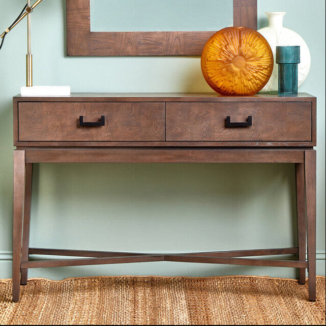 Antique Grey 2-Drawer Console Table with Black Metal Rectangular Handles, Dimaro