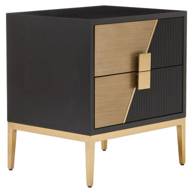 Black Fluted and Natural Grain Diagonal Front 2-Drawer Side Table with Gold Handles, Davoli