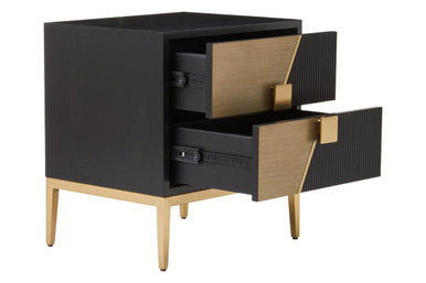 Black Fluted and Natural Grain Diagonal Front 2-Drawer Side Table with Gold Handles, Davoli