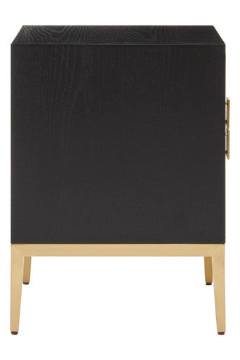 Black Fluted and Natural Grain Diagonal Front 2-Drawer Side Table with Gold Handles, Davoli