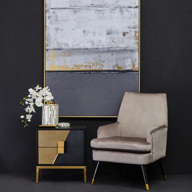 Black Fluted and Natural Grain Diagonal Front 2-Drawer Side Table with Gold Handles, Davoli