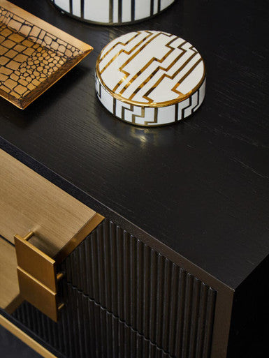 Black Fluted and Natural Grain Diagonal Front 2-Drawer Side Table with Gold Handles, Davoli