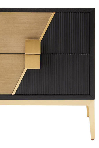 Black Fluted and Natural Grain Diagonal Front 2-Drawer Side Table with Gold Handles, Davoli