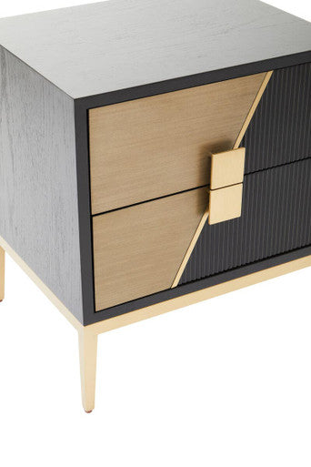 Black Fluted and Natural Grain Diagonal Front 2-Drawer Side Table with Gold Handles, Davoli