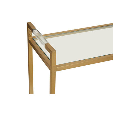 Matte Gold Stainless Steel Console Table with Clear Glass Top and Shelf, Vogue