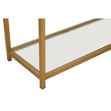 Matte Gold Stainless Steel Console Table with Clear Glass Top and Shelf, Vogue
