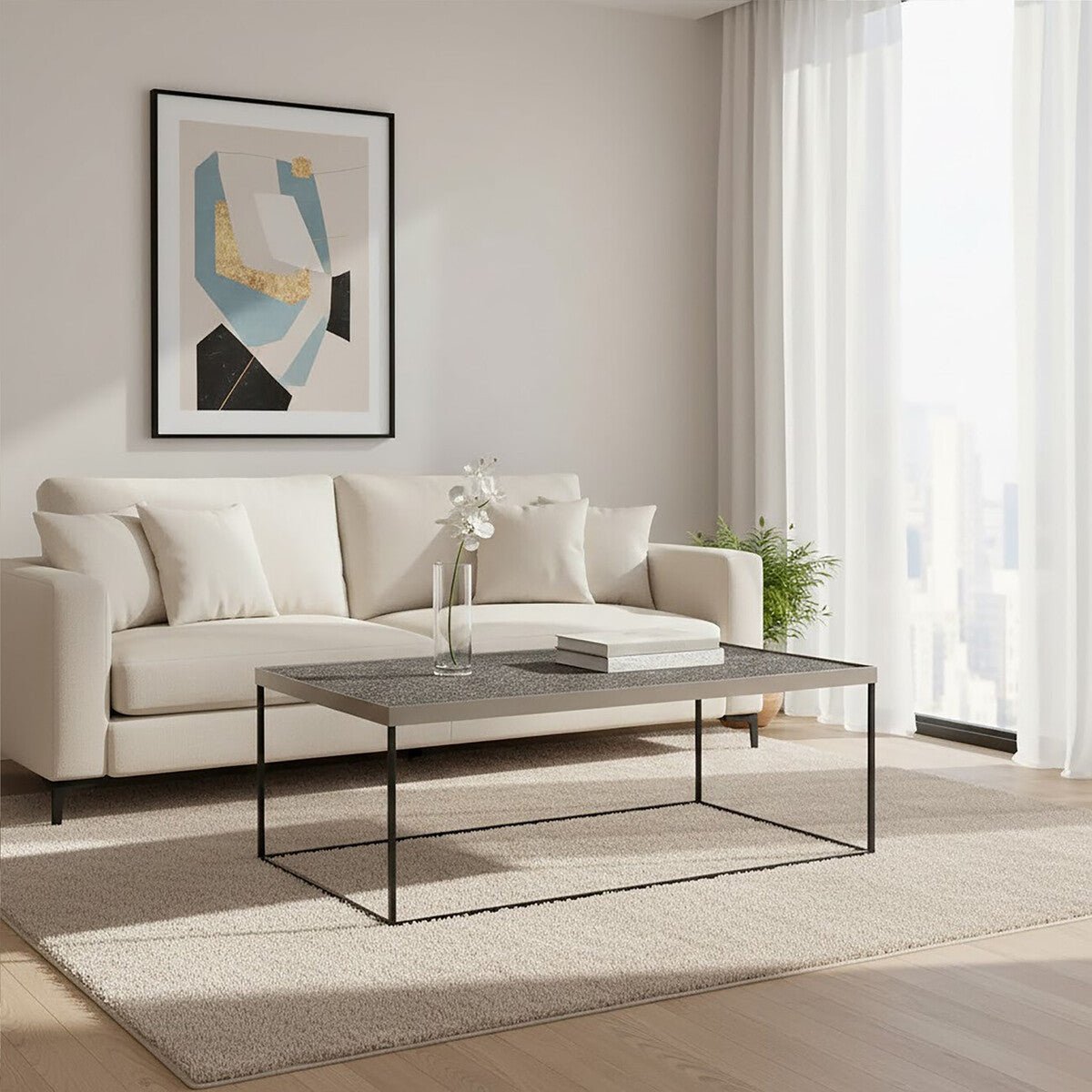 Silver Metal Rectangular Top Coffee Table with Black Interconnected Legs, Akola - Miola