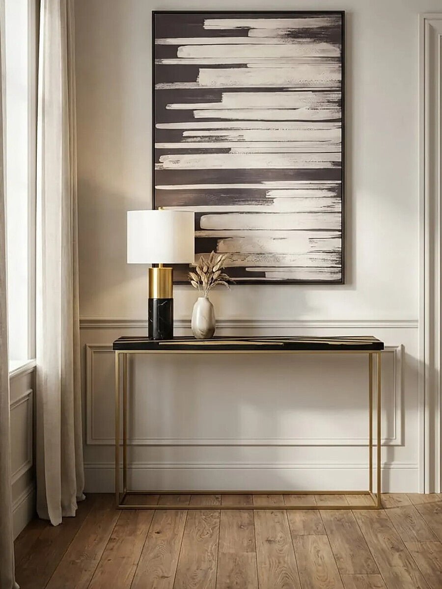 Aris Black and Gold Striped Acacia wood Console Table with Interconnected Metal Legs, Aris - Miola