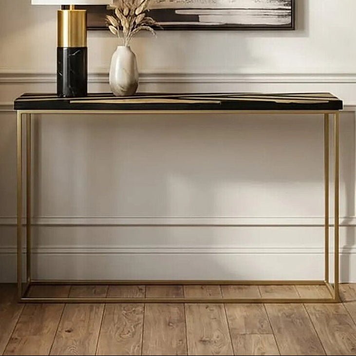 Aris Black and Gold Striped Acacia wood Console Table with Interconnected Metal Legs, Aris - Miola