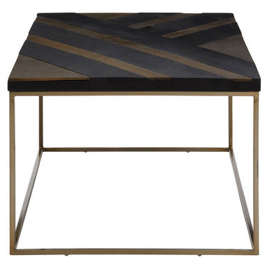 Aris Black and Gold Striped Acacia Wood Coffee Table with Interconnected Metal Legs - Miola
