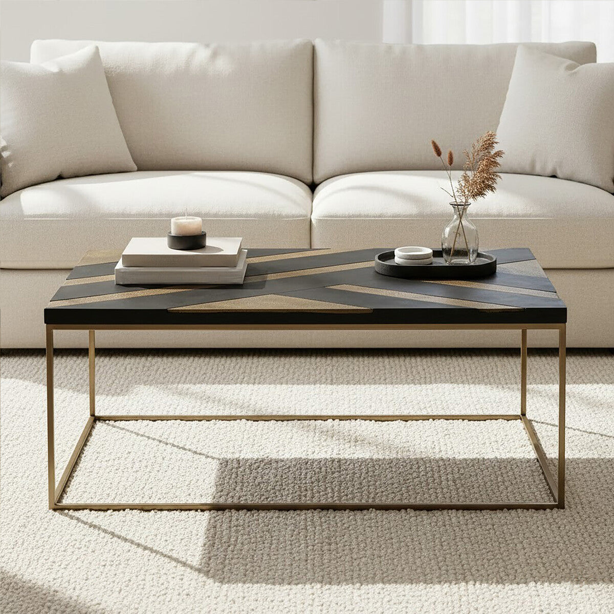 Aris Black and Gold Striped Acacia Wood Coffee Table with Interconnected Metal Legs - Miola