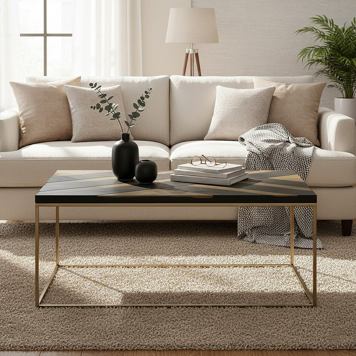 Aris Black and Gold Striped Acacia Wood Coffee Table with Interconnected Metal Legs - Miola