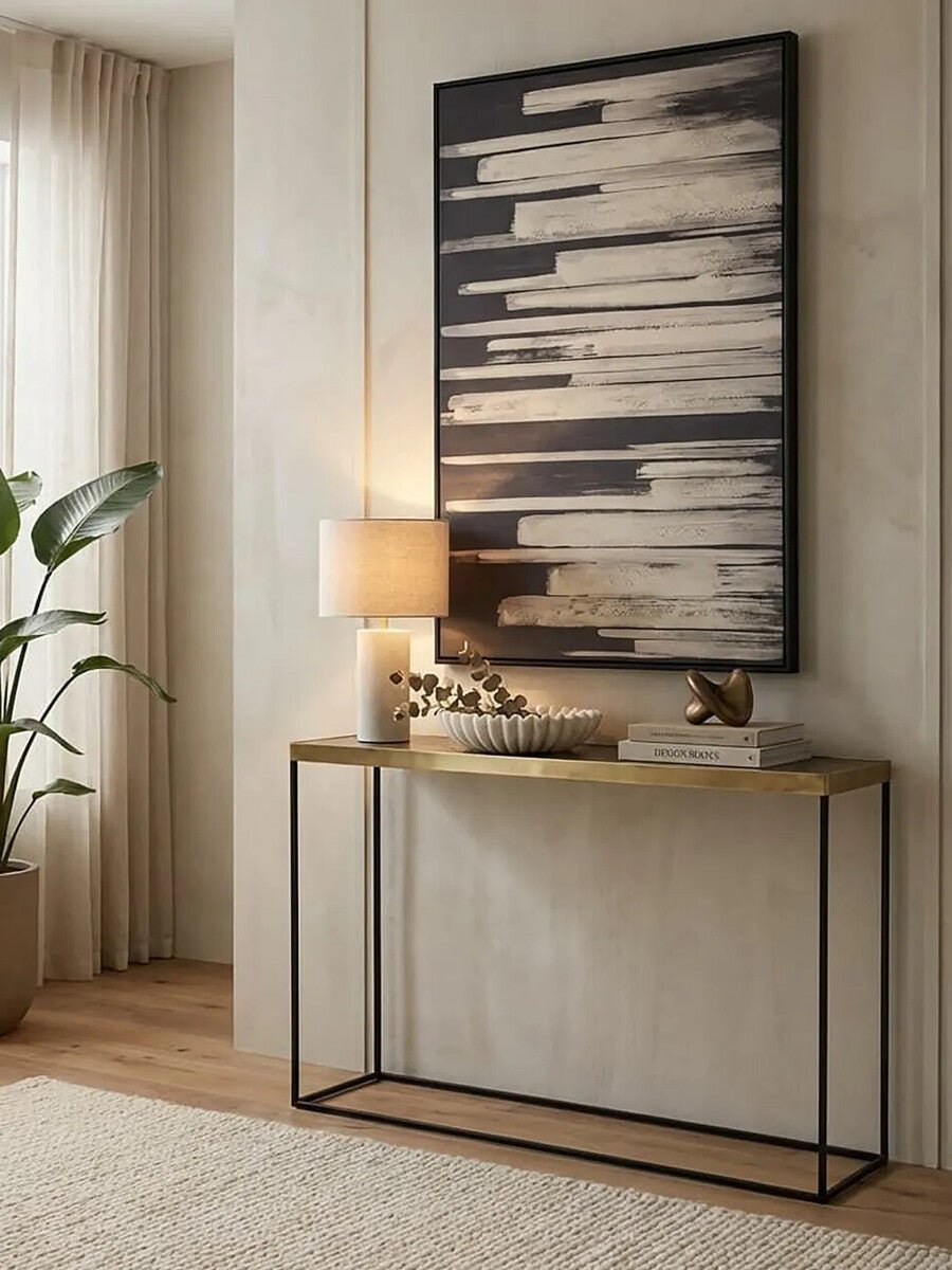 Gold Finish Console Table with Black Metal Interconnected Legs, Akola - Miola