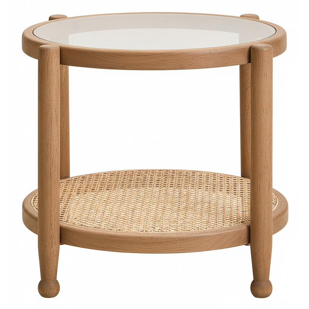 Grey Wash Elm Wood Side Table with Glass Top and Cane Shelf, Cebu - Miola