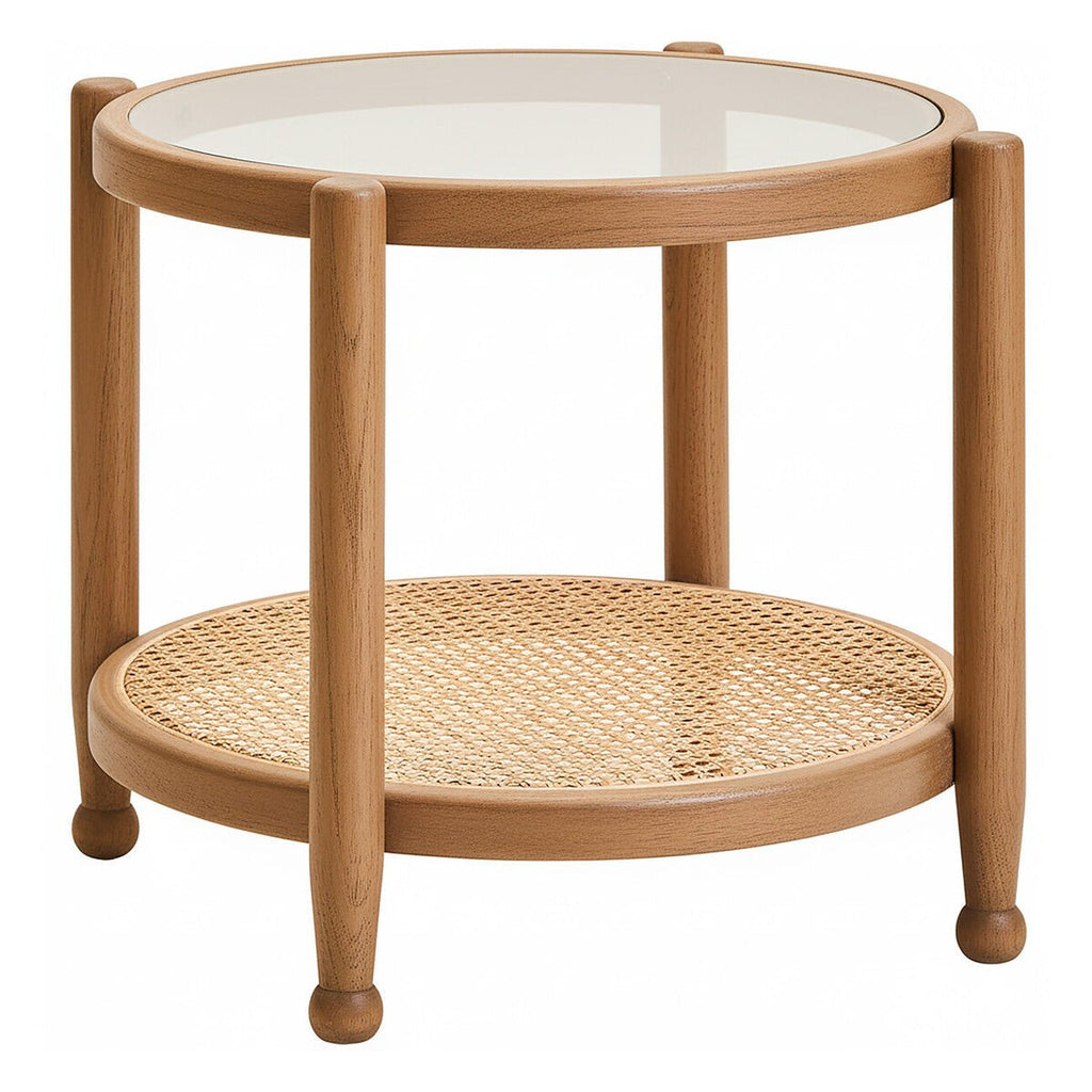 Grey Wash Elm Wood Side Table with Glass Top and Cane Shelf, Cebu - Miola